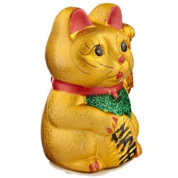 Gato Maneki Neko - Gato de la Suerte Maneki Neko Brazo en Alto y Ojos Abiertos - 17cm