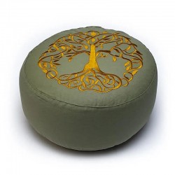 Zafu / Cojín para meditación verde árbol de la vida dorado (algodón bio)